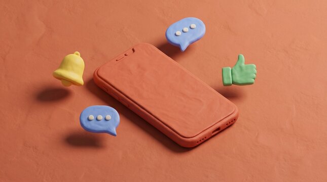 Floating 3D smartphone with social media icons on terracotta background