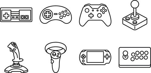 Video game controller and joystick line icon vector set featuring retro gamepads handheld console arcade stick and VR controller © REYAD