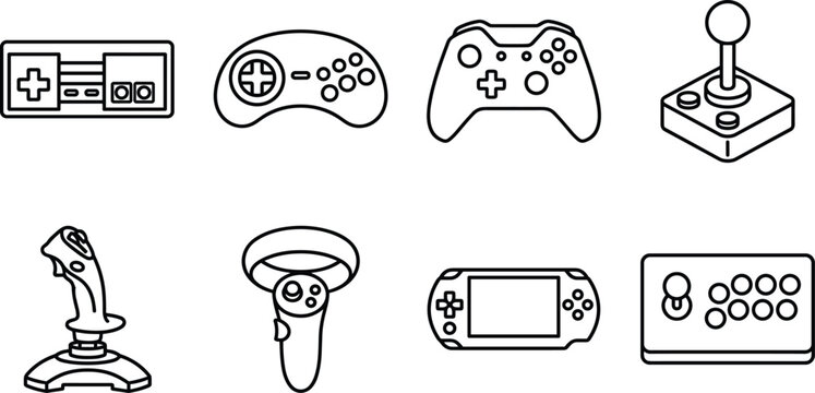 Video game controller and joystick line icon vector set featuring retro gamepads handheld console arcade stick and VR controller