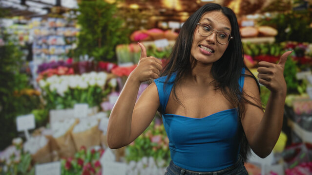 Woman in blue top showing thumbs up with visible thumbs and broad smile among bouquets at an indoor flower market building; joy confidence.