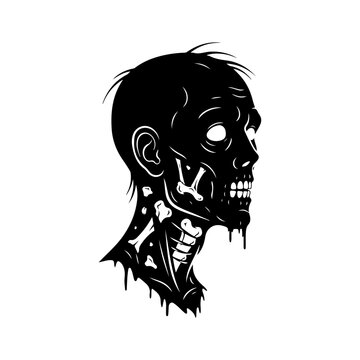 Black and white illustration of a zombie head in profile.