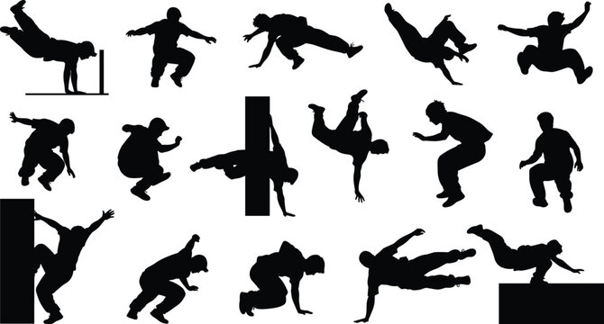 Parkour and Freerunning Silhouettes Set - Extreme Urban Acrobatics, Street Gymnastics, and Jumping Stunts Vector Illustrations