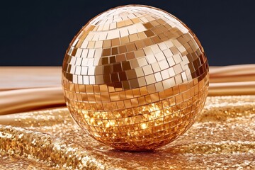Obraz premium Golden disco ball on glittering sequins and satin fabric, glamorous party decoration with sparkle