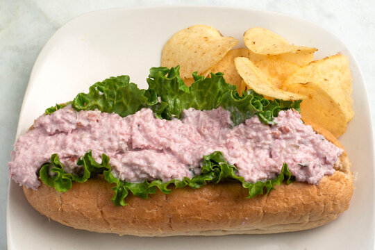 ham salad sub  with  a side of potato chips