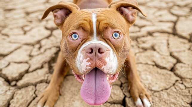 Happy brown Pitbull dog with tongue hanging out, closeup view