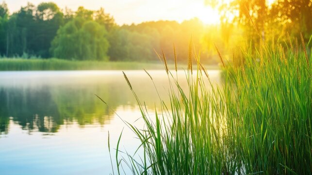 Emerald reeds and cattails with sunlight reflecting on the water