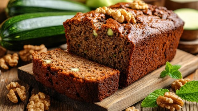 A sliced loaf of delicious homemade zucchini bread with walnuts