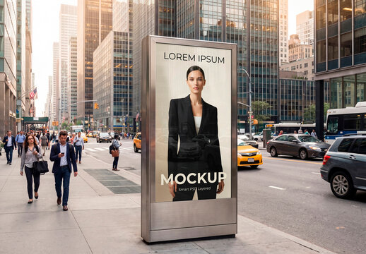 City street advertising kiosk mockup in downtown district