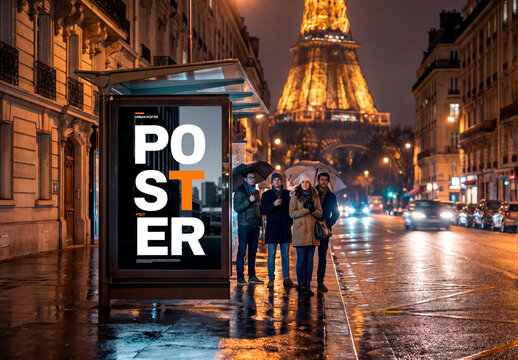 Street billboard mockup near Eiffel Tower at night
