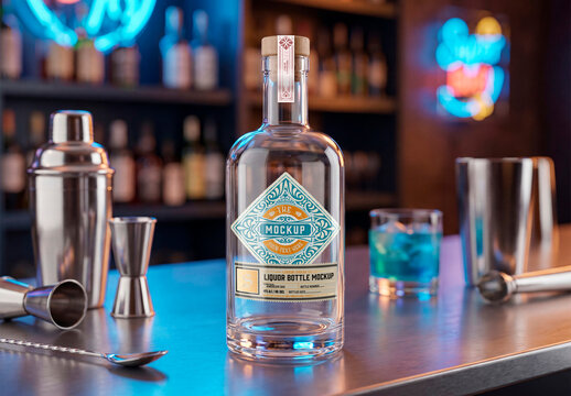 Empty glass bottle mockup on cocktail bar counter