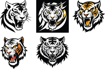 Obraz premium Collection of tiger head logos with colorful accents and different backgrounds