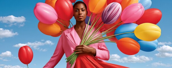 Obraz premium Stylish woman holding colorful balloons against a bright blue sky in a joyful fashion portrait