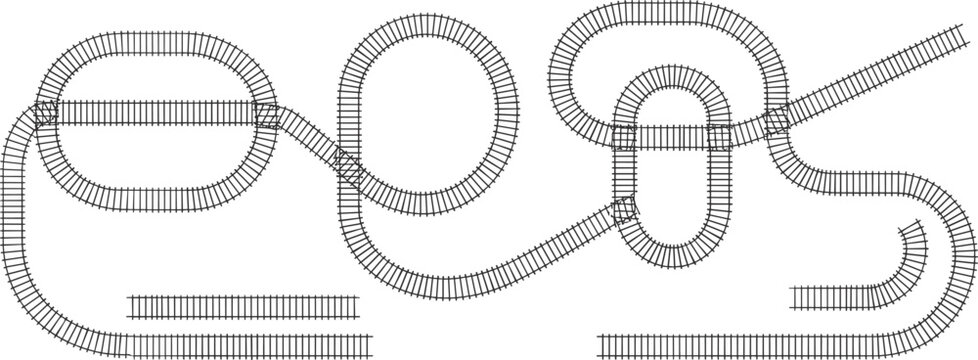Detailed railway track silhouettes featuring interlocking loops, curved segments, and straight path construction elements isolated on white for transit map design.