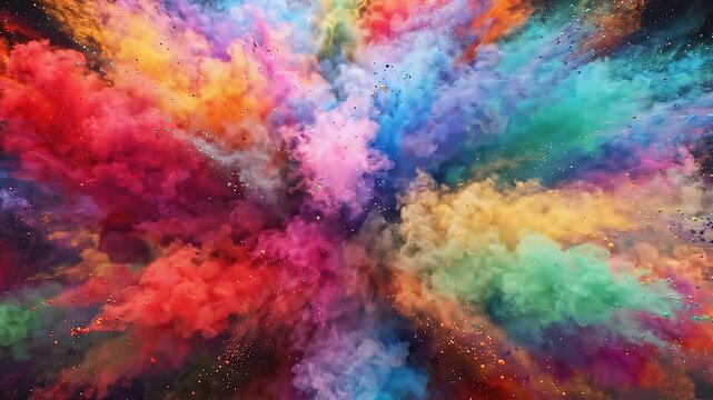 Vibrant explosion of multi-colored smoke and powder in slow motion. Abstract artistic display of swirling pigments. Lockdown shot.