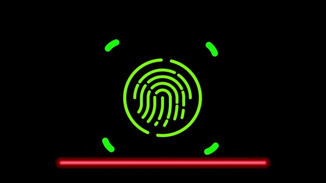 Biometric fingerprint scan success animation with access granted green checkmark. Cyber security Touch ID validation interface on black