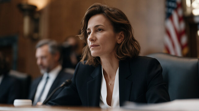 Senate appropriations subcommittee member leaning forward during testimony to ask a clarifying question, aides flanking her on either side, witness visible at the table below,