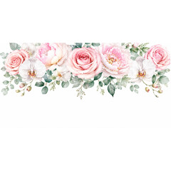 Fototapeta premium Elegant Top Floral Border with Roses Orchids and Botanical Watercolor Greenery