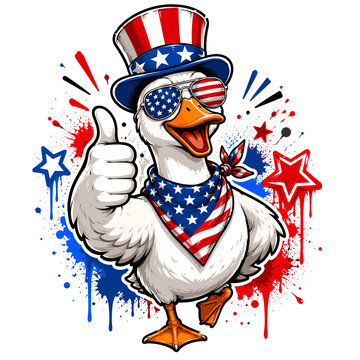 Patriotic Cartoon Goose Giving Thumbs Up with Top Hat, Sunglasses and Bandana Vector Illustration