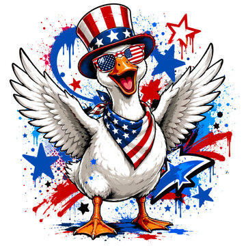 Patriotic Cartoon Duck with Spread Wings, Top Hat, Sunglasses and Graffiti Stars Vector Illustration