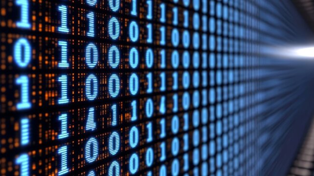 Abstract digital background featuring blue binary code patterns representing data processing and computer technology systems.