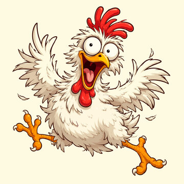 Funny Cartoon Chicken Leaping with Open Beak, Fluffy Wings and Scattered Feathers Vector Illustration