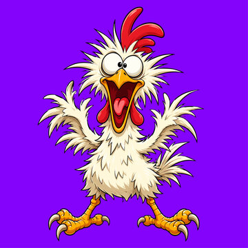Screaming Cartoon Rooster with Wild Feathers and Raised Wings on Purple Background Vector Illustration