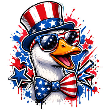 Patriotic Cartoon Duck Portrait with Top Hat, Sunglasses, Bow Tie and Red Blue Paint Splashes Vector