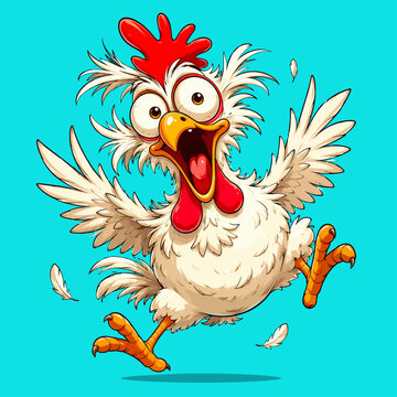 Crazy Cartoon Chicken Jumping with Spread Wings and Flying Feathers on Cyan Background Vector