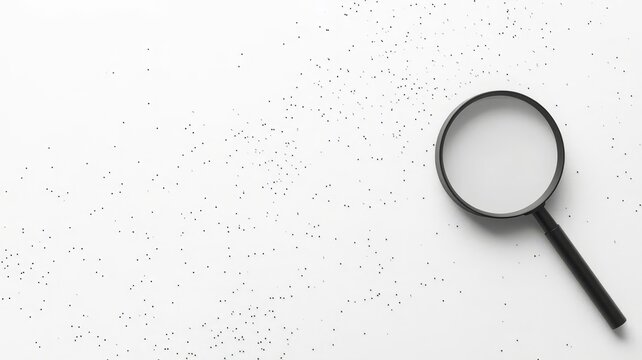 Magnifying glass placed over scattered tiny black dust particles on white surface background concept.