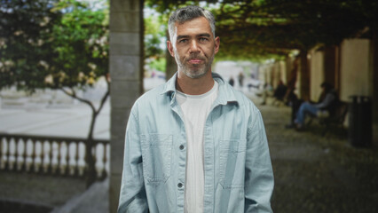Obraz premium Man face forward, eyes looking ahead, wearing light denim jacket and white tshirt, standing in a covered street colonnade with benches and trees; contemplation.