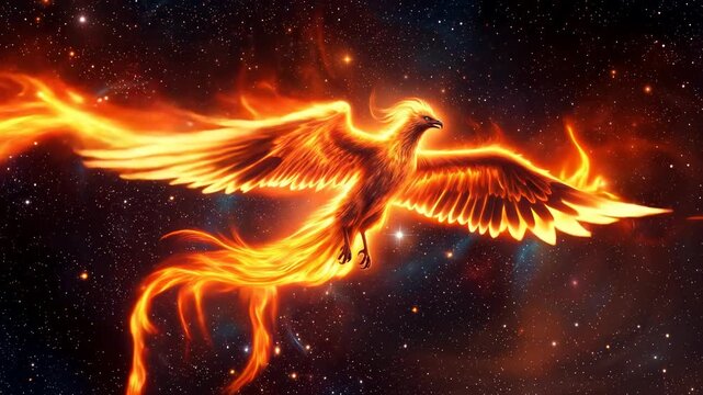 Majestic phoenix bird soaring through deep space. Mythical fire creature flying amidst stars and nebulae. Lockdown shot.