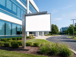 Fototapeta premium Set against a clear blue sky, a large blank white sign mounted on a sleek silver frame stands outside a modern office complex. Surrounded by ornamental grasses and shrubs, its pristine unbranded surfa