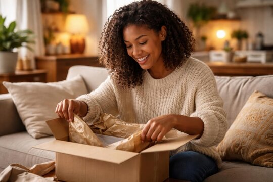 Cliente sonriendo mientras abre el paquete de su pedido online en un ambiente hogare&ntilde;o