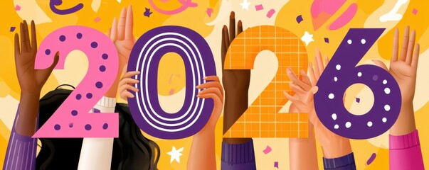 Obraz premium Diverse hands holding colorful 2026 numbers with confetti for a joyful New Year celebration