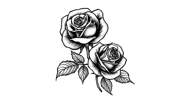 A black and white drawing of two roses with stems and leaves, shaded for depth and texture