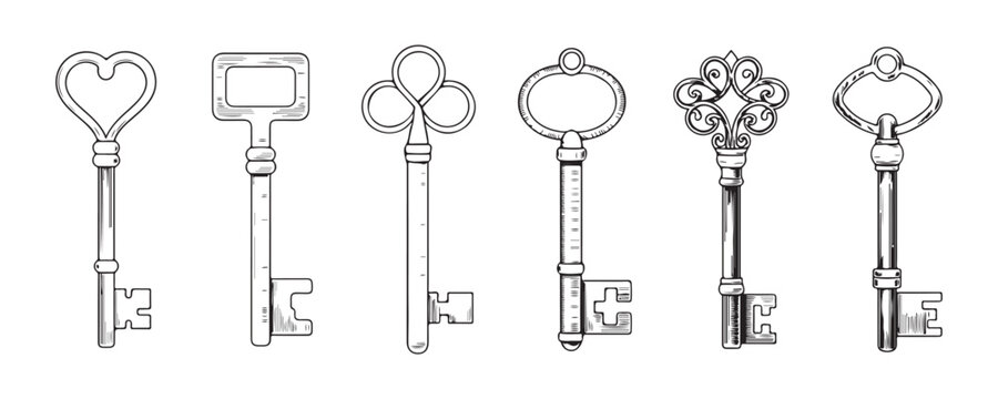 Set of six vintage keys with elaborate handle designs rendered in classic etching style on transparent.