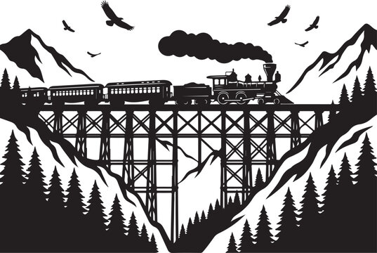 Vintage train, steam locomotive, on bridge, mountain landscape, black silhouette, vector illustration