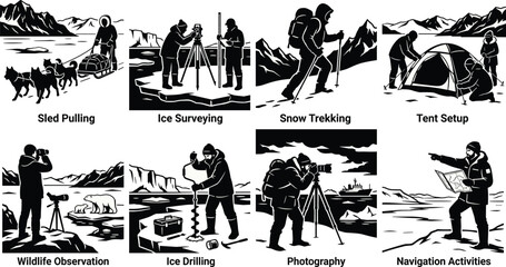Arctic Expedition and Polar Exploration Activities Icons Set Vector Illustration © Nurjahan