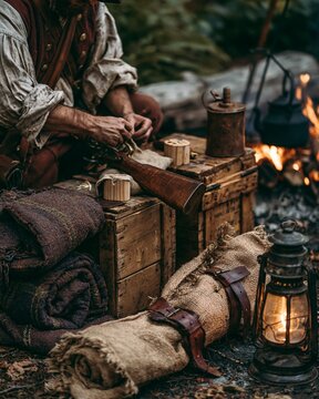 Candid midshot of a historical reenactor priming a flintlock musket beside rustic crates and rolled blankets soft focus on the outdoor campfire essentials like a kettle