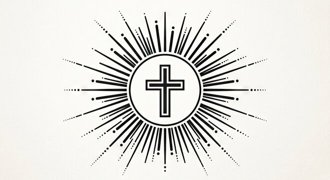 A black cross enclosed in a circle with radiating lines and dots forming a symmetrical sunburst pattern