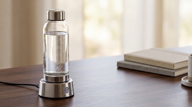 hydration solutions, a sleek glass hydrogen water bottle sits on a desk, half-filled with water