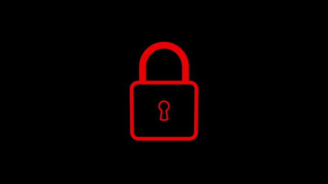 Animated sequence of red closed padlocks flashing and changing to open green locks. Cyber security unlock process loop on black