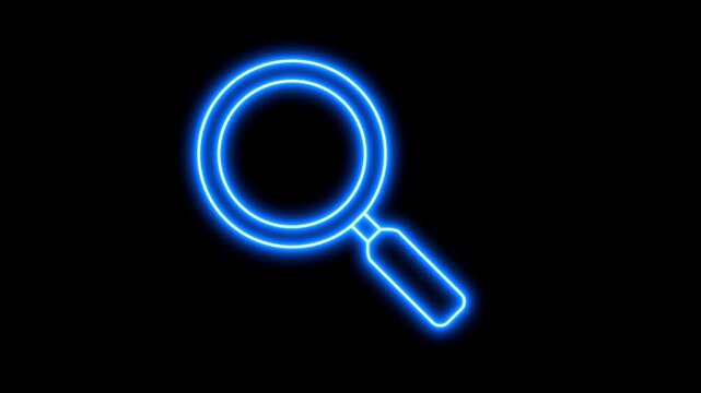 Animated neon magnifying glass icon drawing data search contour. Futuristic cyber security line art scanning concept on black