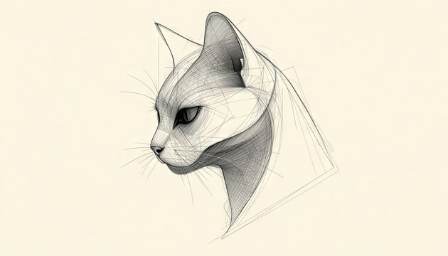 A pencil sketch of a cat&rsquo;s head in profile with shading and geometric construction lines