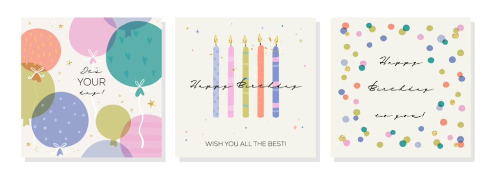 Set of lovely hand drawn birthday cards with balloons and decoration, universal artistic templates