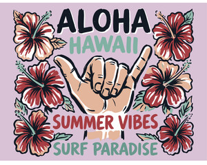 Beach club. Endless summer artwork. Tropical vintage design. Aloha Hawaii surf paradise print for t shirt. Shaka hand sign. © panji