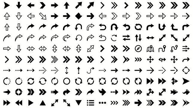 Arrows set of 160 black icons. Arrow icon. Arrow vector collection. Arrow. Cursor. Modern simple arrows. Vector illustration.