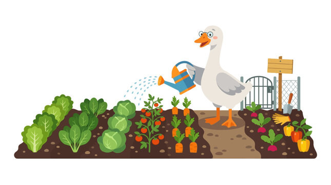 Funny cartoon goose watering vegetable garden with watering can