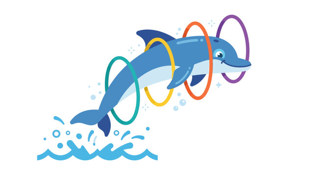 Playful Dolphin Jumping Through Colorful Rings, Ocean Splash