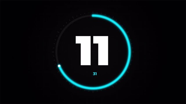 Round neon blue circle countdown timer from 15 to 1, futuristic digital clock animation 4k video